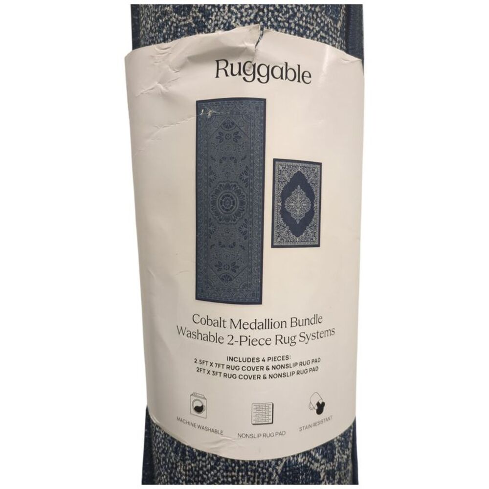 Cobalt Medallion - Ruggable 4pc Washable Rug System Set, 2.5ftx7ft & 2ftx3ft, wi